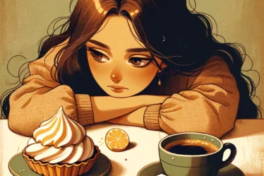 image qui représente une femme avec devant elle une tarte au citron meringuée et un café sucré. Cette image représente la relation entre moi et le sucre